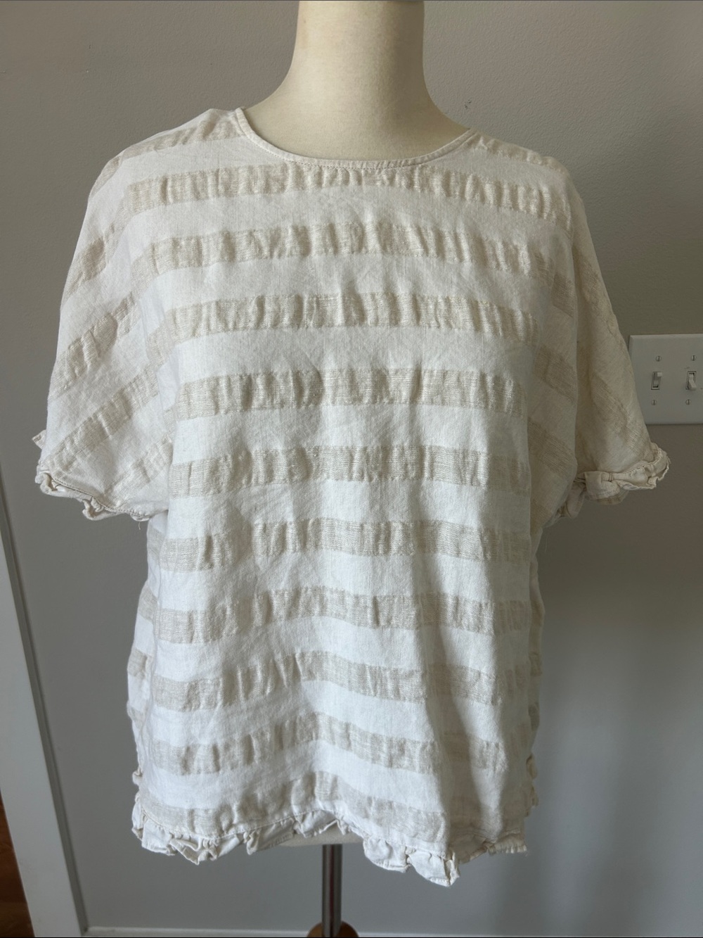 Cream Linen Striped Seersucker Top